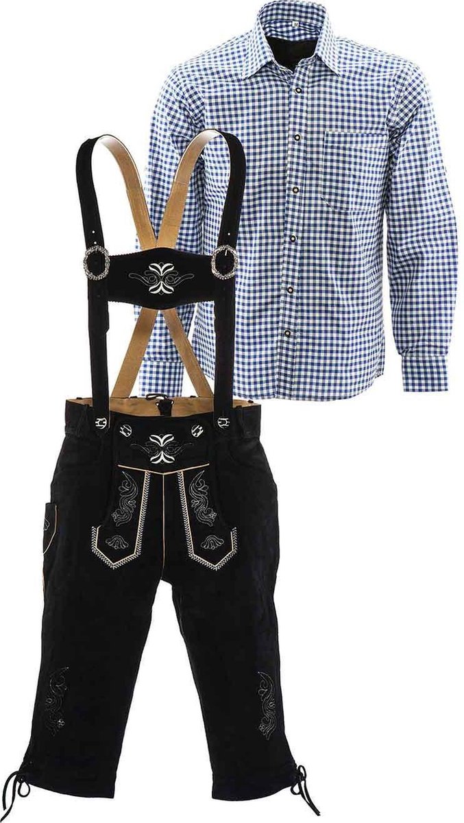 Lederhosen set | Top Kwaliteit | Lederhosen set B (zwarte broek + blauw overhemd), L, 56